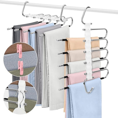 SANLIKE 2 Pack 5 Layers Pants Hangers Space-Saving Stainless Steel Closet Hangers 20pcs Fixed Clips Non-Slip Multi-Functional Pants Rack Two Hanging Modes for Trousers Jeans Leggings Scarf Skirts
