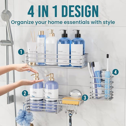 TAILI Shower Caddy Suction Cup, 3 Pack Shelves for Inside with Hooks & Soap holder Toothbrush Cups, Removable Bathroom Organizer, Rustproof Silver Holder Storage-Silver