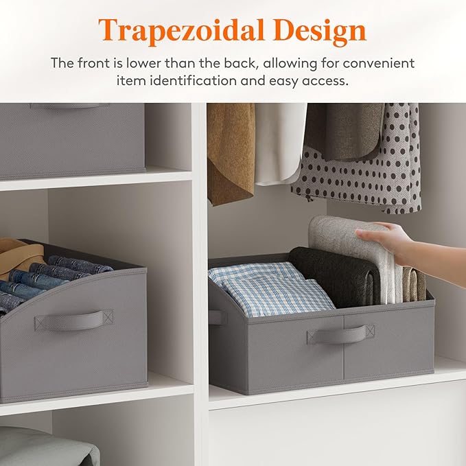 Lifewit Trapezoid Closet Storage Bins for Shelf, 6 Packs Non-woven Closet Organizer Baskets with Handles, Foldable Clothes Containers Boxes for Clothing, Book, Purse, 19L, Large, Gray