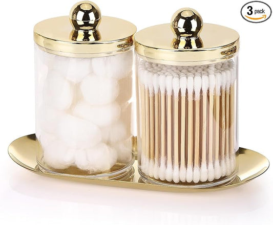 Tbestmax 2 Pack Qtip Holder with Gold Tray, 10oz Plastic Canister Apothecary Jar for Cotton Swabs, Balls, Pads, Floss Picks - Clear Bathroom Essentials Accessories Decor