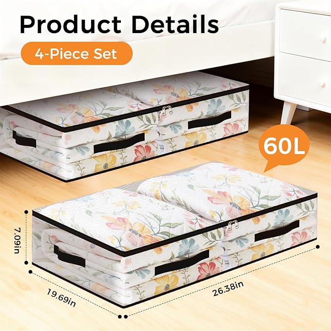 4 Pack Under Bed Storage Bags, 60L Foldable Clear Storage Containers with Handles, Dual Zippers for Comforter, Clothes, Bedding, Linen Sheets, Sweaters, Blanket Storage