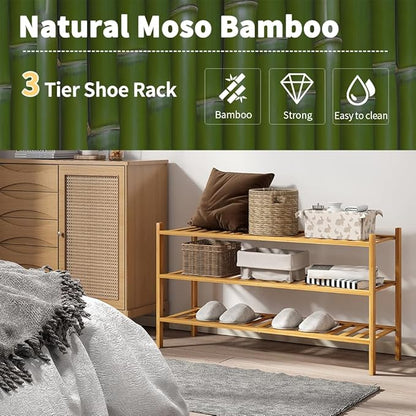 Long Shoe Rack, 3-Tier Bamboo Stackable Shoe Shelf Storage Organizer, Shoe Stand for Closet, Entryway and Hallway