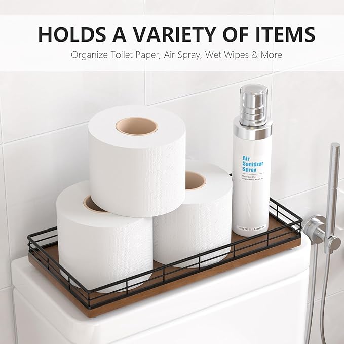 Toilet Paper Basket Organizer – Oak Wood Toilet Tank Tray with Metal Frame, Bathroom Counter Top Storage for Toilet Paper, Wipes & Decor, Modern Narrow Back of Tank Shelf Organizer, Black & Brown