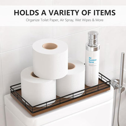 Toilet Paper Basket Organizer – Oak Wood Toilet Tank Tray with Metal Frame, Bathroom Counter Top Storage for Toilet Paper, Wipes & Decor, Modern Narrow Back of Tank Shelf Organizer, Black & Brown