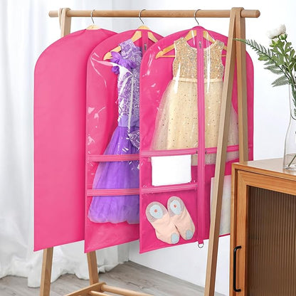 Univivi Dance Costume Bags Garment Bag 40 Inch Hanging Clothes for Dance Competitions, with 3 Medium Clear Zipper Pockets for Dance Costumes, Closet Storage (Rose Red) - 4 Pack