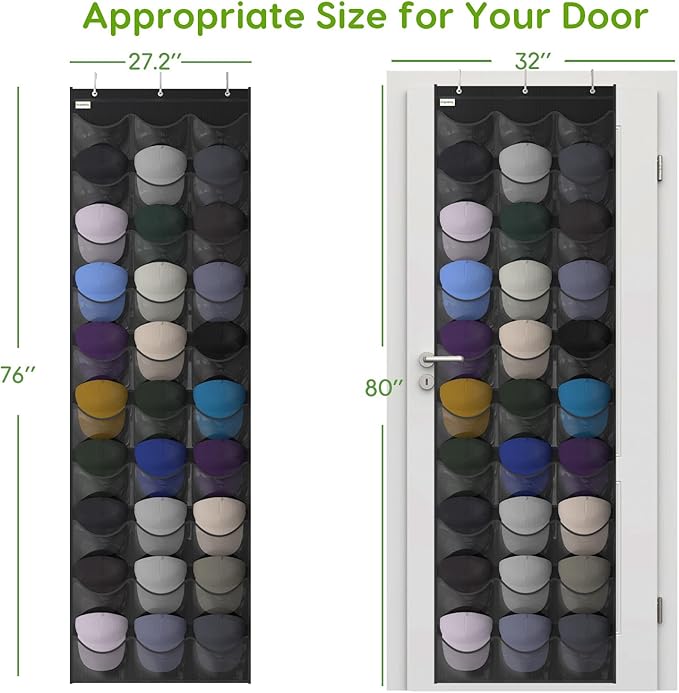 Baseball Hat Rack, 30 Pocket Over-The-Door Hat Organizer with Clear Deep Pockets to Display Baseball Caps Collection, Complete with 3 Over Door Hooks (Black, 30 Pockets)