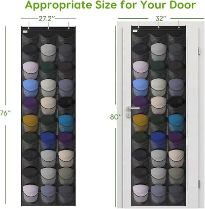 Baseball Hat Rack, 30 Pocket Over-The-Door Hat Organizer with Clear Deep Pockets to Display Baseball Caps Collection, Complete with 3 Over Door Hooks (Black, 30 Pockets)