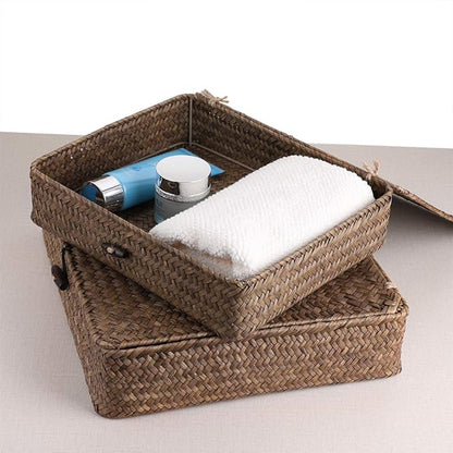 Hipiwe Set of 2 Flat Woven Wicker Storage Bins with Lid Natural Seagrass Basket Multipurpose Home Boxes for Shelf Organizer (Coffee)