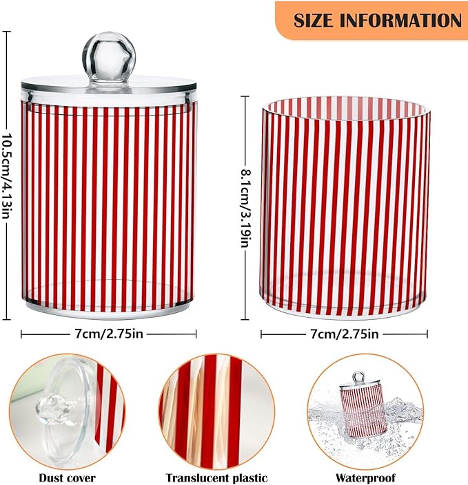 2 Pack Apothecary Jars Red White Stripes Qtip Holder Organizer Clear Airtight Container for Cotton Swabs Food Storage 14oz Plastic Jars with Lids