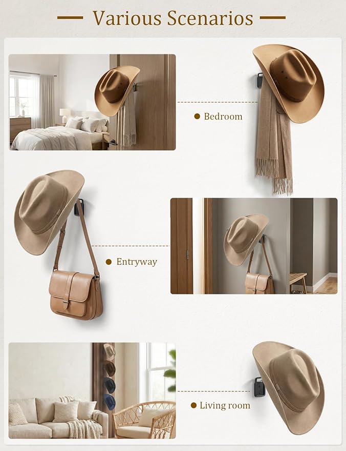 SEKSON Cowboy Hat Rack for Wall, Hat Holder Wall Mount, Western Rustic Metal Hat Hanger, Hat Hooks for Cowboy Hat, Fedora, Sun Hats, Wide Brim Hat Organizer (8 Pack)