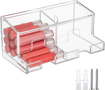 AceOrbit Clear Acrylic Lip Balm Dispenser with Lid, 2-compartment Wall Mount Organizer Holder Freestanding Countertop Display Stand for Storage Lipsticks Glosses Lip Balm Essential Oils