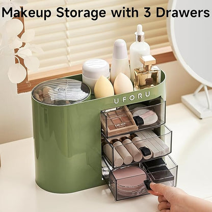 UFORU Makeup Organizer with Pop-Up Brush Holder for Dresser Vanity, Plastic Bathroom Counter Organizer with 3 Drawers & Dust-Proof Cover, Cosmetic Display Case for Lipstick, Skincare, Vintage Green
