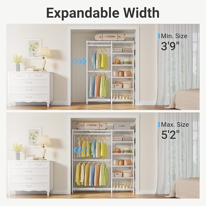 VIPEK X2 Plus Expandable Heavy Duty Clothes Rack Adjustable from 3'9"-5'2" Portable Reach-in & Walk-in Closet Rack System with Flexible Shelves and Hanger Rods Clothing Rack for Hanging Clothes, White