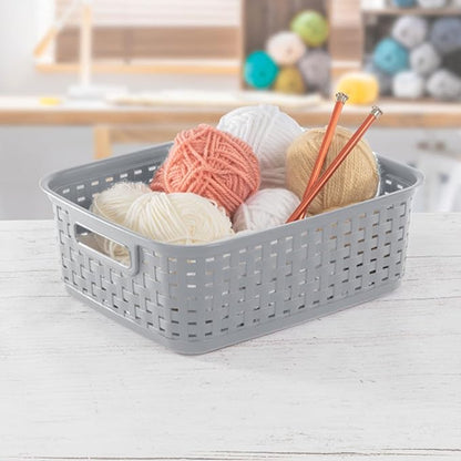 Sterilite Short Plastic Weave Storage Basket, Bin Organization for Countertops, Tabletops and Shelves for Crafts, Jewelry, Gray, 12-Pack