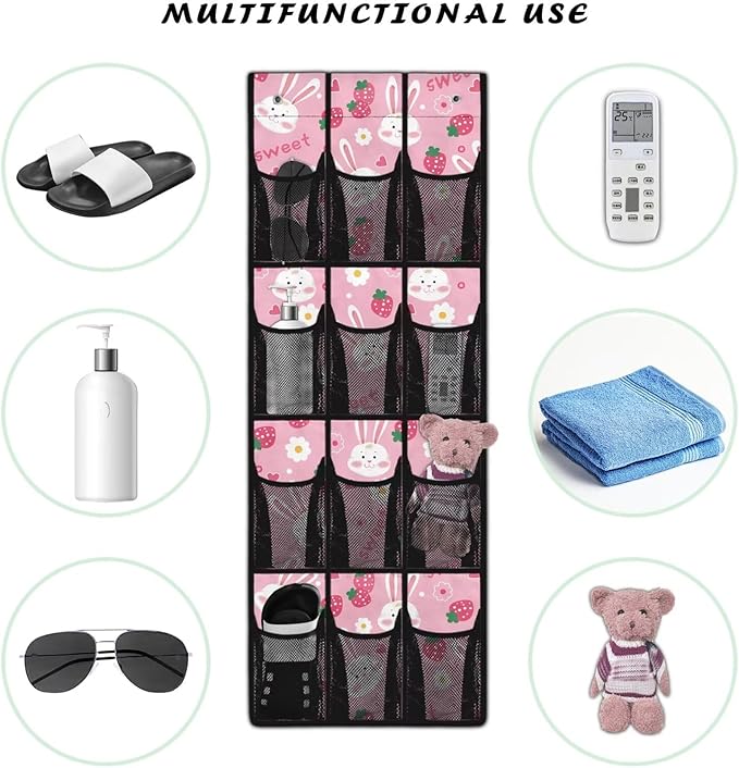 Pink Over The Door Shoe Organizer 12 Pockets Wall Hanging Storage for Living Room Rabbit Door Hanger Organizer Mesh Fabric Flower Shoe Holder Hanger for Kindergarten