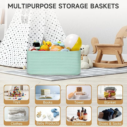 3-Pack Storage Baskets for Organizing | Woven Shelf Toy Basket | Rope Baskets for Gifts Empty | Closet Organizer Bins with Handles | Cube Decorative Box | 13.7×7.1×6.7” | Light Green