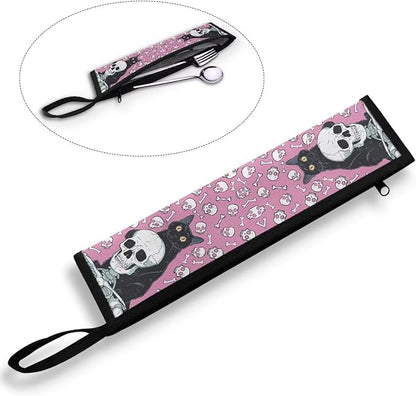 COEQINE Gothic Portable Utensils Case Pink Skull Themes Couple Skull Black Cats Utensil Holder Leaf Proof Fit 11.8 x 2.7 for Travel Picnic Outdoor Halloween Decor