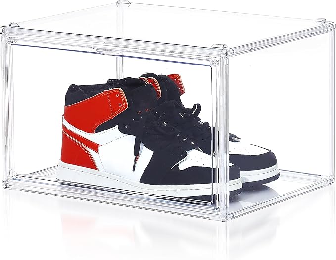 BVBOX Acrylic Shoe Storage Boxes with Magnetic Door - 360° Clear Stackable Shoe Display Box Set, Plastic Shoe Cabinet Rack Box for Sneakers Heels Shoes (1, Clear, XL - Side Open)