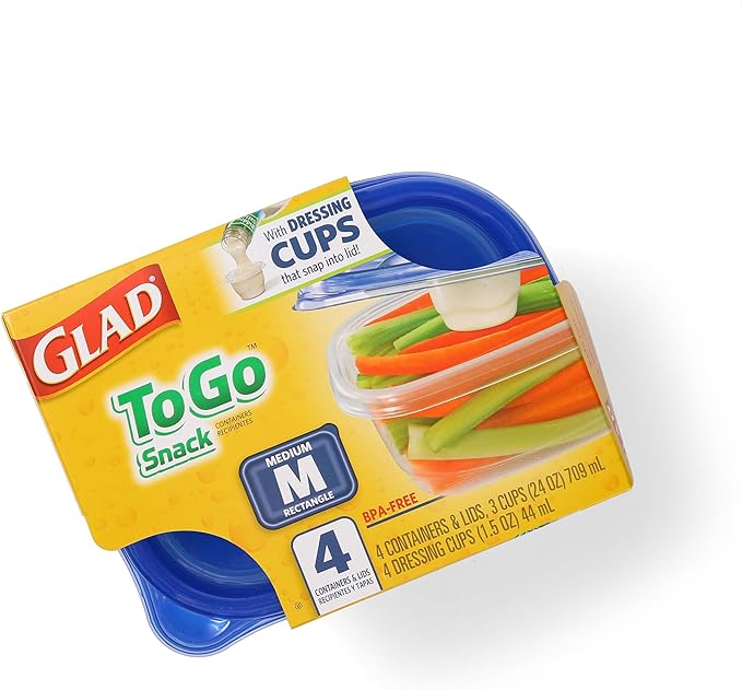 Glad GladWare To Go Snack Food Storage Containers with Lids, Medium Rectangle BPA Free Plastic with Built-In Dressing Cup for Salads and Snacks, Microwave Dishwasher Safe, 24 Oz, 4 Count - 6 Pack