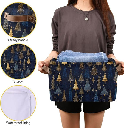 Large Storage Basket Gold Blue Christmas Trees Storage Bin Cube Canvas Fabric Organizer Handles Collapsible for Clothes Toys Bedroom Decorative