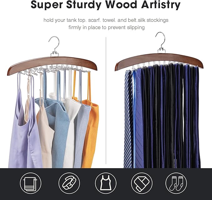 Tie Rack 2Pcs Tie Racks for Men Closet 24 Hooks, Wooden Tie Organizer with Upgraded 360°Rotating, Scarves Accessories Closet Organizer for Bras,Tank Tops,Camisoles etc.Walnut…