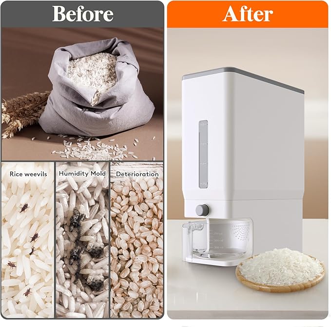 Lifewit 2 Pack Rice Dispenser 25 Lbs(11.3kg), Rice Storage Container Sealed Moisture Proof with Measuring Cup for Kitchen Pantry Household, BPA-Free, White