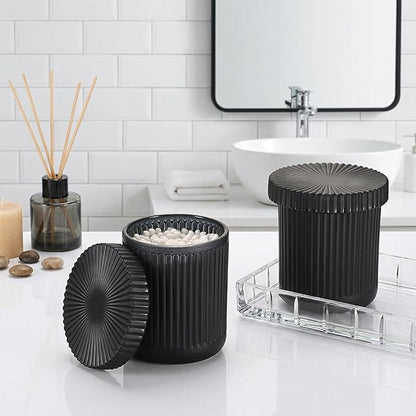 2 Pack Glass Qtip Holder with Lid, Qtip Dispenser Bathroom Storage Jars- Glass Apothecary Jars for Cotton Ball, Swab, Pads, Floss Picks, Bathroom Accessories Organization and Vanity Organizer(Black)