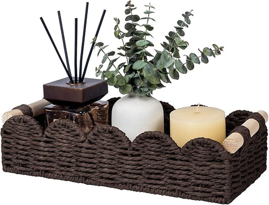 CubesLand Toilet Paper Storage Basket Organizer, Small Wicker Toilet Tank Top Decorative Baskets for Countertop, Handwoven Scalloped Basket w/handle for Home Decor, Living Room, Bedroom, Brown