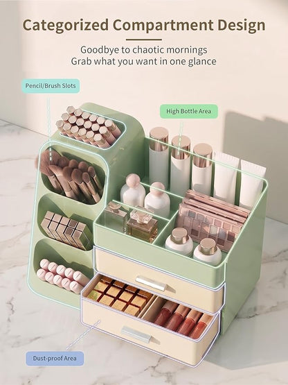 Booklov Makeup Organizer for Vanity, Large Capacity Cosmetic Display Case with Drawers, Countertop Beauty Storage Holder for Skincare, Brush Eyeliner Eyeshadow Lipsticks, Counter Desk, Cream Green