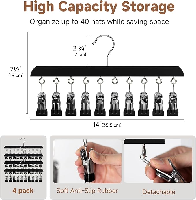 StorageWorks 4 Pack Hat Rack, Closet Organizer and Storage for Baseball Caps,Hat Hanger with 10 Adjustable Stainless Steel Clips, Fits All Caps, Black
