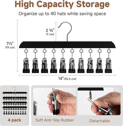 StorageWorks 4 Pack Hat Rack, Closet Organizer and Storage for Baseball Caps,Hat Hanger with 10 Adjustable Stainless Steel Clips, Fits All Caps, Black