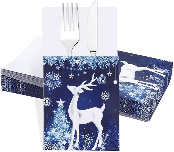 50pcs Christmas Utensil Holder Blue Xmas Deer Flatware Tableware Holder Bags Disposable Winter Knifes Forks Silverware Bags for Christmas Party Table Decoration Supplies