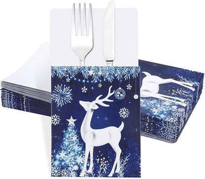 50pcs Christmas Utensil Holder Blue Xmas Deer Flatware Tableware Holder Bags Disposable Winter Knifes Forks Silverware Bags for Christmas Party Table Decoration Supplies