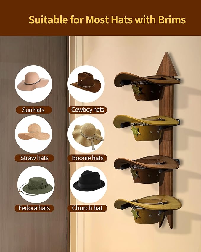 Hongmed Cowboy Hat Rack Wall Mount, Solid Pine Wood Hat Holder for Wall Holds 4 Hats, Western Style Arrow Design Hat Storage Hanger for Display and Organization, Handcrafted Hat Rack for Cowboys