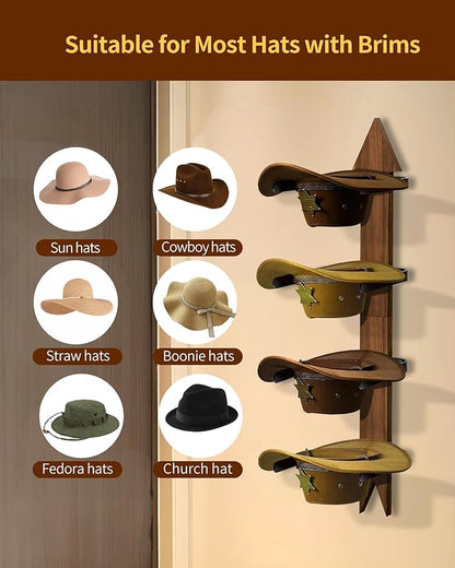 Hongmed Cowboy Hat Rack Wall Mount, Solid Pine Wood Hat Holder for Wall Holds 4 Hats, Western Style Arrow Design Hat Storage Hanger for Display and Organization, Handcrafted Hat Rack for Cowboys