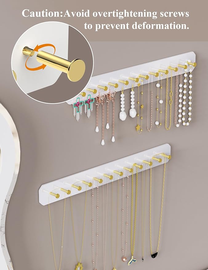 NiHome Wall Mounted Acrylic Jewelry Organizer 2-Pack, Durable Sleek Rack Strong Carbon Steel Hooks for Dressing Table, Bathroom, Kitchen, Hassle-Free Installation Multiple Mounting Options (White)