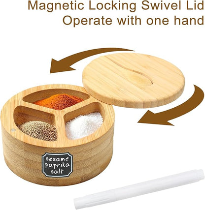 Salt Cellar - Salt Container Holder with Swivel Magnetic, 3 Compartment Salt Cellar with Lid and Spoon Holder, Wood Bowl Box, Salt and Pepper Bowls with Swivel Lid to Storage, 6OZ