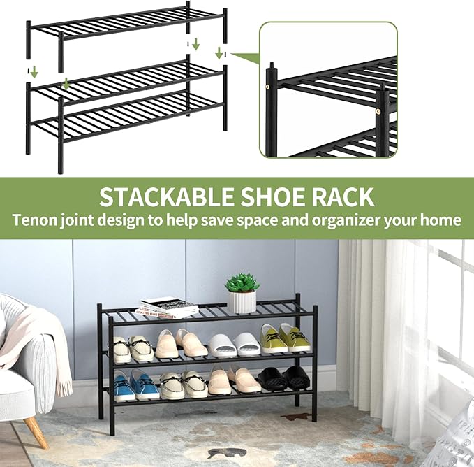 ROMGUAR CRAFT 3-Tier Bamboo Long Shoe Rack, Free Standing Wood Shoe Shelf Storage Organizer for Closet Entryway Stackable 35"x11"x20" (Black)