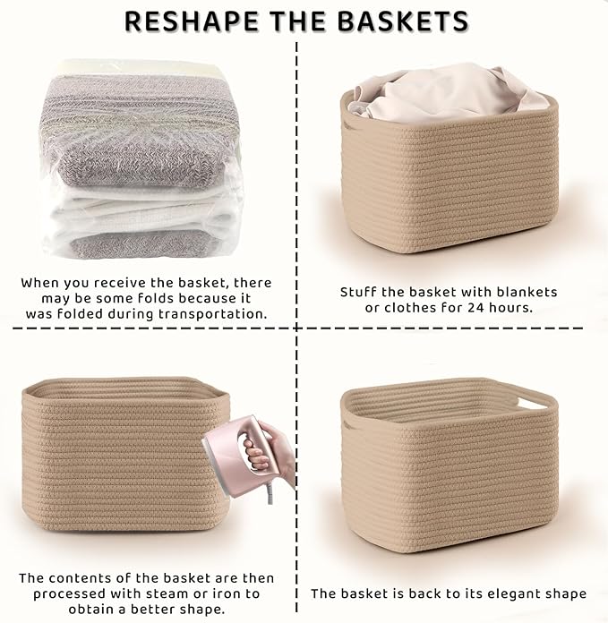 4 Pack Storage Baskets for Organizing, 12''Lx9''Wx8''H Woven Baskets for Storage Toys, Towels, Books, and Clothes, Cotton Rope Basket for Shelves with Handle White & Brown