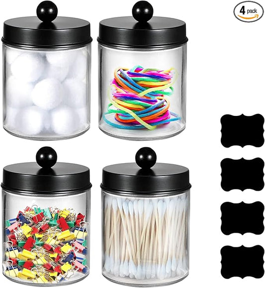 4 Pack Qtip Holder, Canister Apothecary Jar Set, Clear Plastic Apothecary Jar Containers, Bathroom Jars with Lids Set for Cotton Swabs, Balls, Pads, Floss Picks (Black)