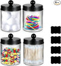 4 Pack Qtip Holder, Canister Apothecary Jar Set, Clear Plastic Apothecary Jar Containers, Bathroom Jars with Lids Set for Cotton Swabs, Balls, Pads, Floss Picks (Black)
