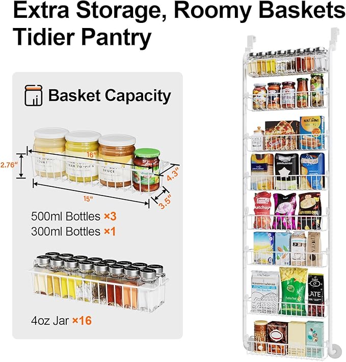 Delamu Over The Door Pantry Organizer, 8-Tier Metal Pantry Door Organization and Storage for Easy Install, Hanging Spice Rack Seasoning Shelves, Door Organizer for Kitchen, 4.65"D x 18"W x 65"H, White