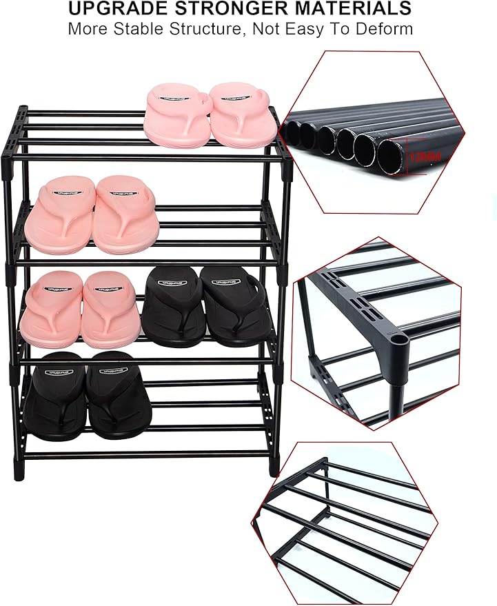 LNYZQUS Upgrade 4-Tier Small Shoe Rack, Metal Stackable Kids Shoe Shelf Storage Shoe Stand Organizer for Closet Entryway Hallway,Zapateras Organizer for Shoes(Black)