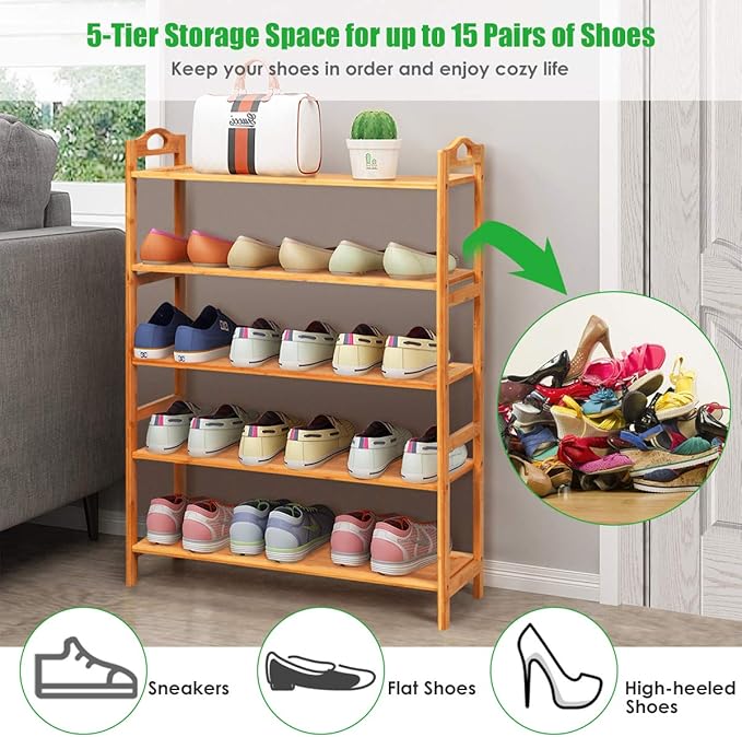 Giantex Bamboo Shoe Rack 5 Tier, Freestanding Shoe Rack with Two Rounded Handle for 15 Pairs, Entryway Standing Shoe Storage Organizer for Kitchen, Living Room, Entryway (5-Tier)