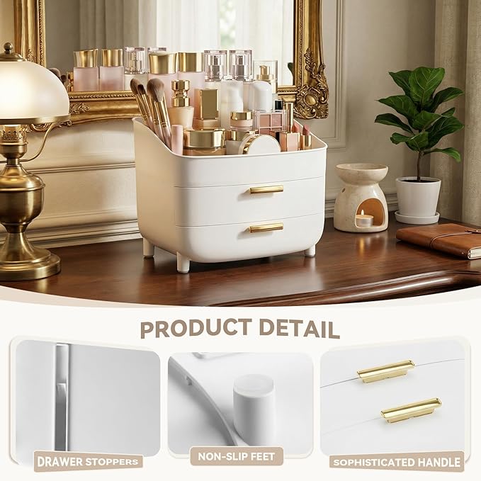 novelinks 3-Tier Skincare Makeup Organizer with Drawers, Large Capacity Vanity Storage Box, Desktop Cosmetic Organizer for Bathroom, Dresser & Vanity Countertop, White