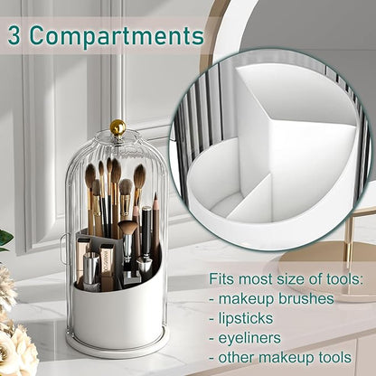 GAXmi Makeup Brush Holder with Lid Cosmetic Tools Organizer 360 Rotating Waterproof Dustproof Beauty Brushes Storage for Vanity, Transparent