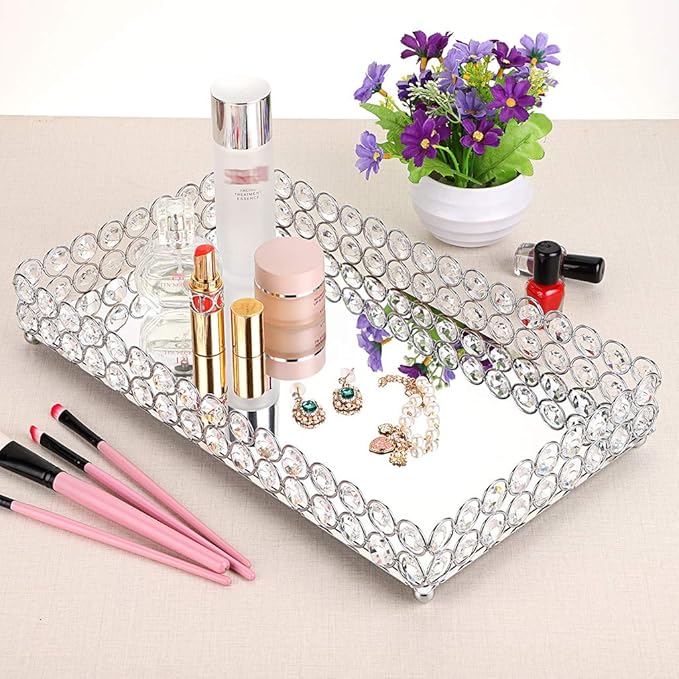 Hipiwe Crystal Cosmetic Vanity Tray, Mirrored Decorative Jewelry Organizer Tray for Perfume, Trinket, Makeup Display Dresser Home Decor (Large, Silver)