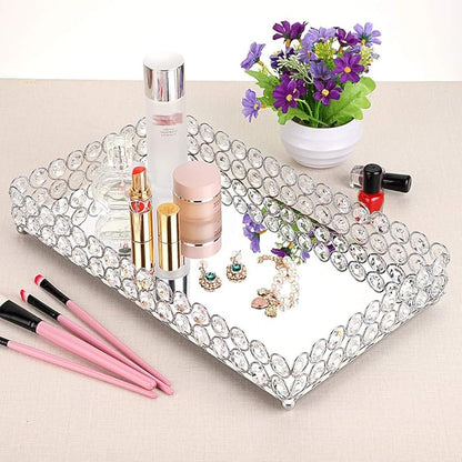 Hipiwe Crystal Cosmetic Vanity Tray, Mirrored Decorative Jewelry Organizer Tray for Perfume, Trinket, Makeup Display Dresser Home Decor (Large, Silver)