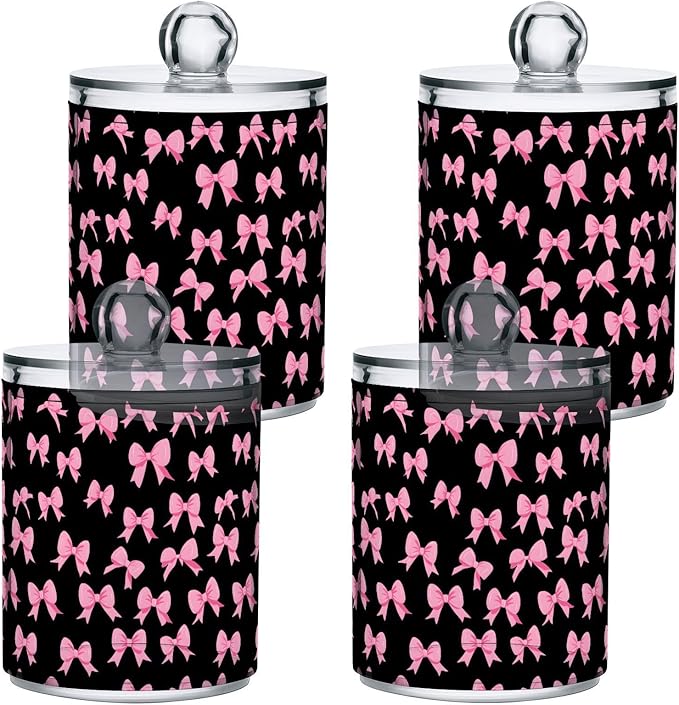 ALAZA 4pcs Funny Bow Black Qtip Holder Dispenser 14 oz Bathroom Storage Clear Apothecary Jars Containers Cotton Ball,Cotton Rounds,Floss Picks, Hair Clips, Food