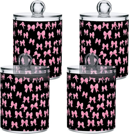 ALAZA 4pcs Funny Bow Black Qtip Holder Dispenser 14 oz Bathroom Storage Clear Apothecary Jars Containers Cotton Ball,Cotton Rounds,Floss Picks, Hair Clips, Food